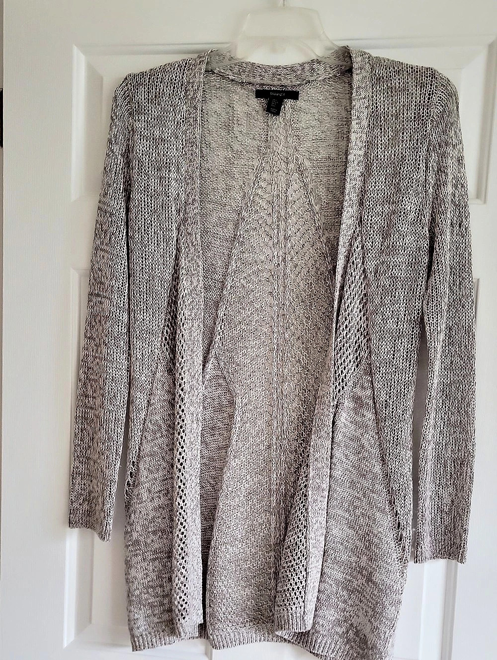 Tahari Open Front Lightweight Cardigan Sweater in Marled Gray Open Knit,  Sz. L